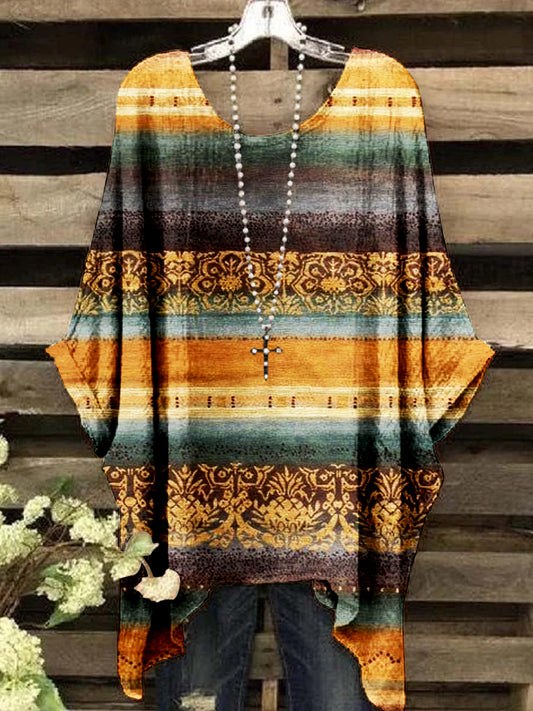 Women's Vintage Ethnic Gradient Floral Pattern Round Neck Top