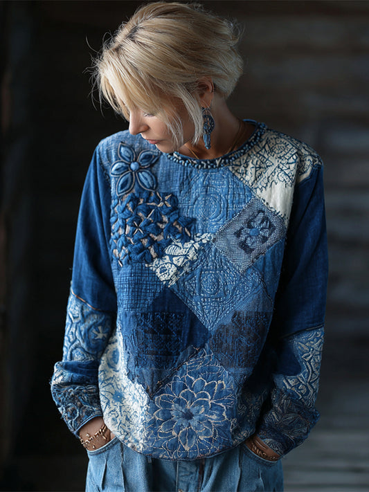 Floral Geometric Thread Embroidery Vintage Women's Linen Long Sleeve Shirt