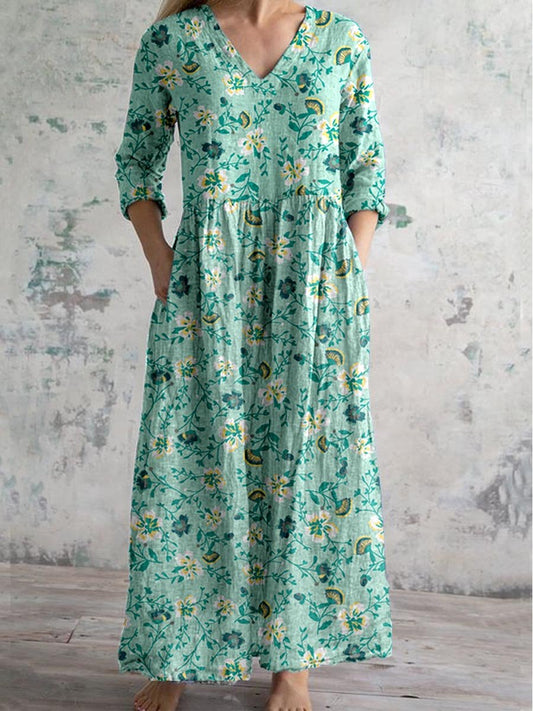 Women's V-neck Elegant Simple Floral Pattern Cotton And Linen Dress Wi