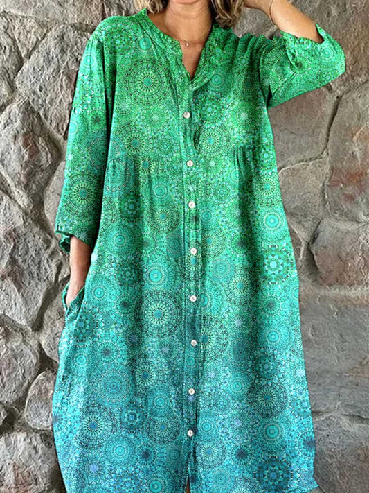 Women's Gradient Floral PatternCotton Shirt Dress