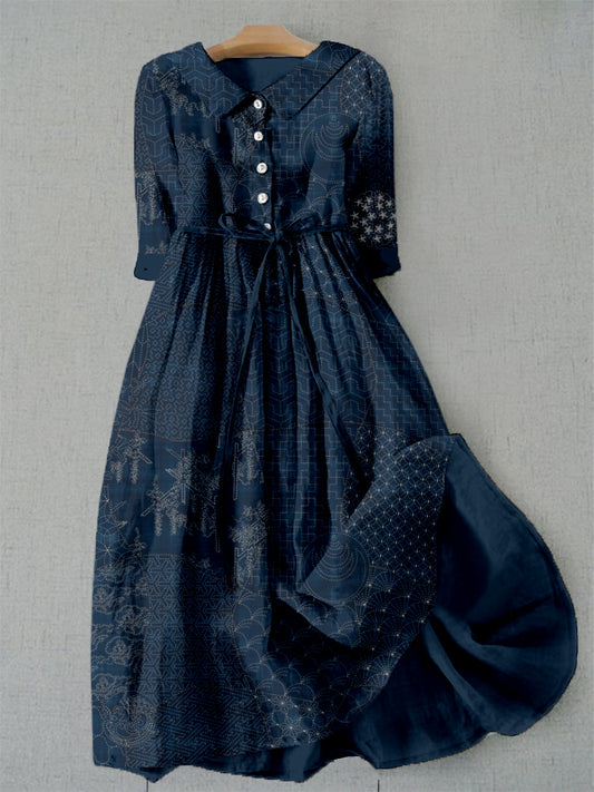 Japanese Traditional Sashiko Art Lace-up Casual Maxi Dress