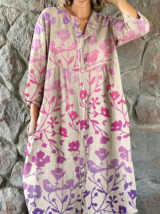 Women's Silhouette Color Changing Flowers Pattern Cotton Shirt Dress