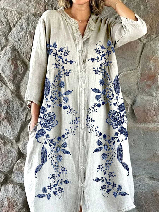 Women's Rose Floral Print Shirt Cotton And Linen Dress