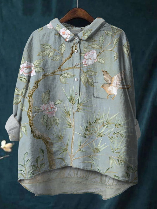 Ink Flowers And Sparrows Print Cotton And Linen Shirt