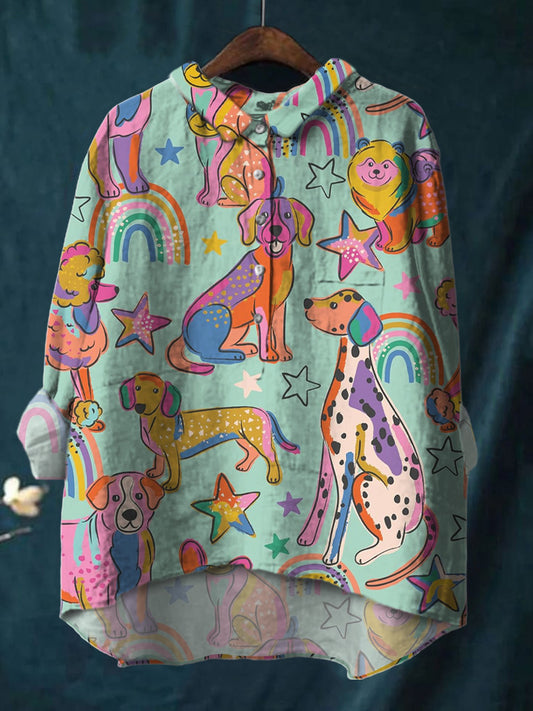 Colorful Watercolor Dogs Print Cotton And Linen Shirt