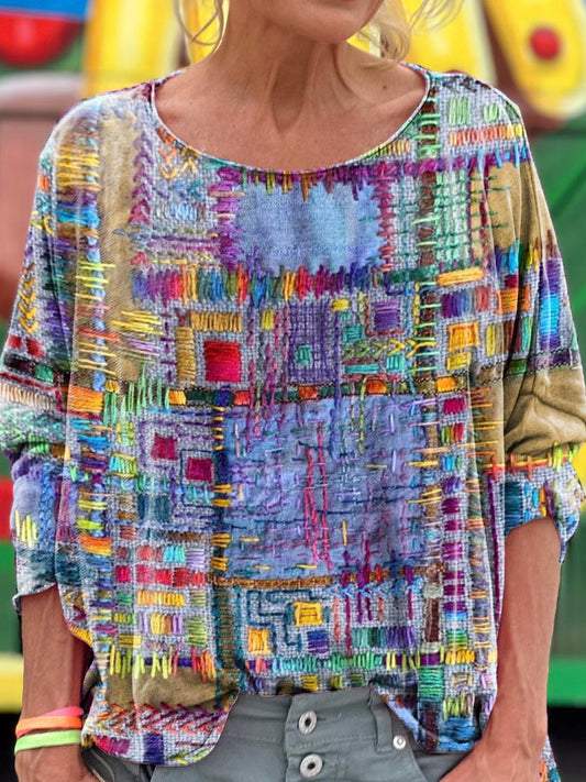 Women's Vintage Ethnic Collage Texture Art Print Casual Long Sleeve T-