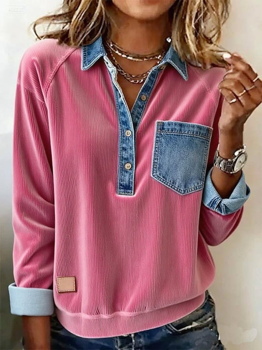 Women's Casual Loose Corduroy Patchwork Long Sleeve Shirt 