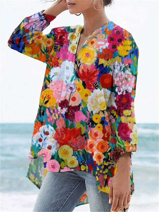 Women's Vintage Lovely Floral Art Print Casual Linen V-neck Shirt