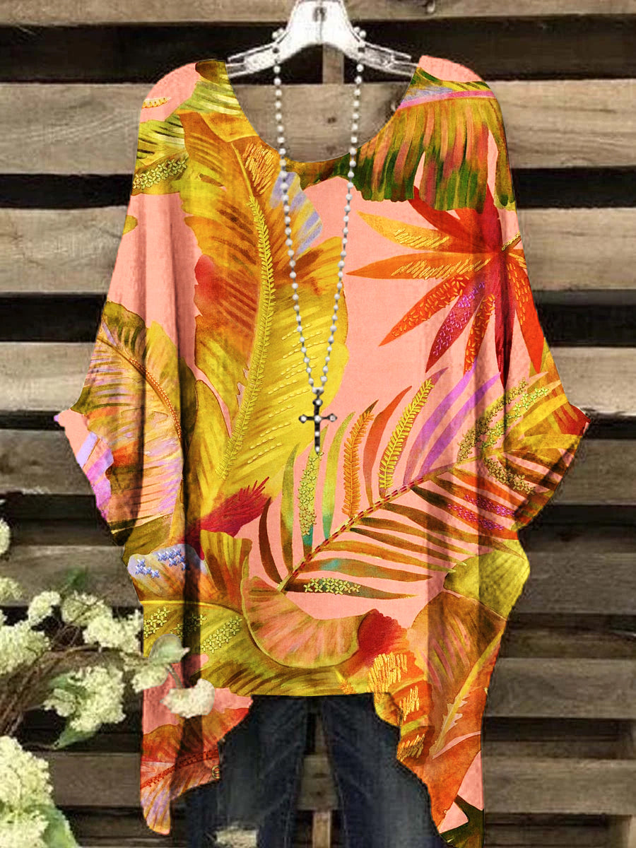 Women's Round Neck Tropical Banana Leaf Pattern Top
