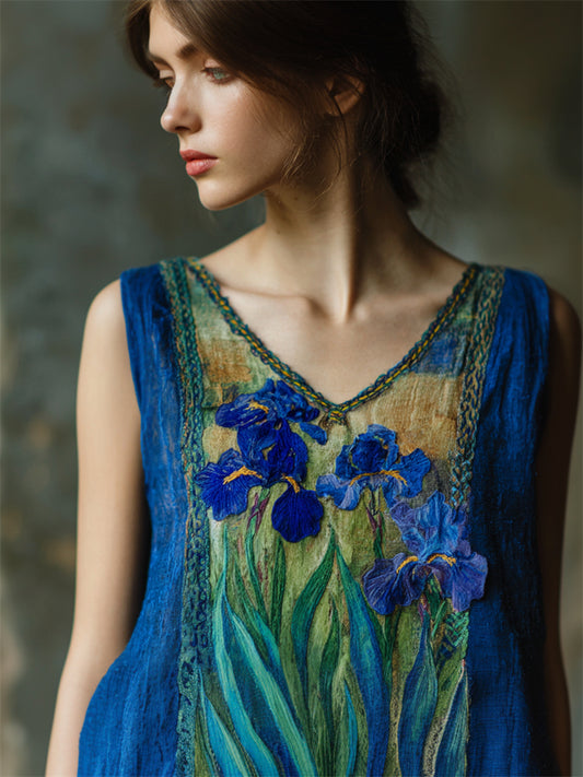Oil Painting Irises Embroidered Patchwork Linen Tank Top