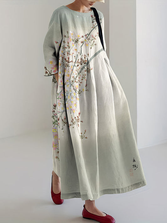 Floral Print Round Neck Loose Midi Dress