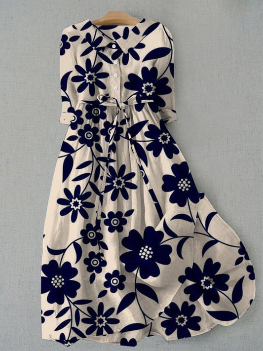 Women's Vintage Botanical Floral Design Print Lace-Up Dress