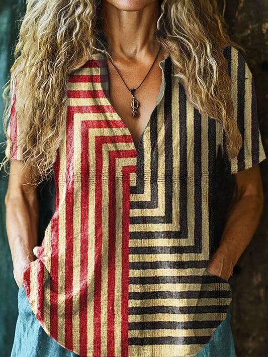 Women's Vintage Clashing Stripe Art Print Comfortable Short Sleeve Cot
