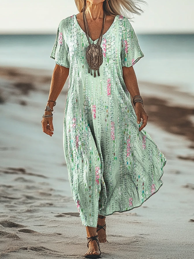 Women's Floral Textured Art Print Short Sleeve Pocket Cotton Dress