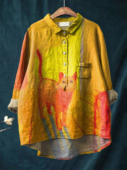 Vintage Funny Cat Art Print Casual Cotton And Linen Shirt