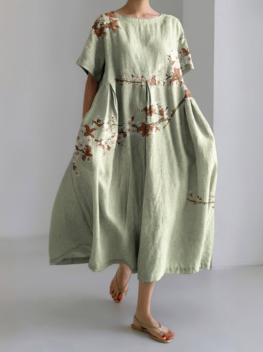 Japanese Art Flower Print Loose Midi Dress