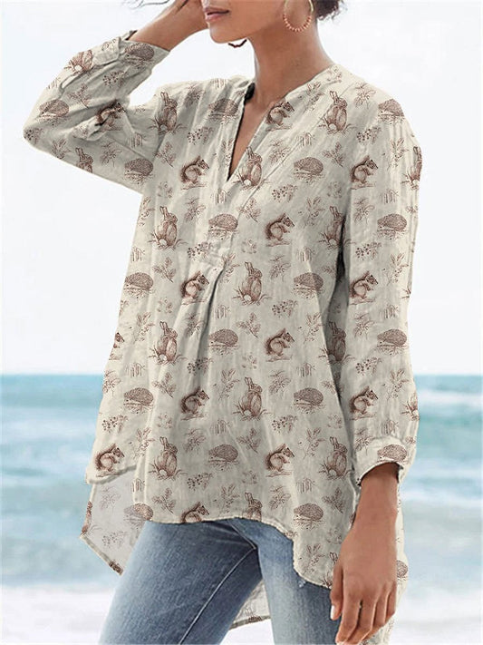 Small Woodland Wildlife Pattern Printed Women's Casual Linen V-Neck Shirt