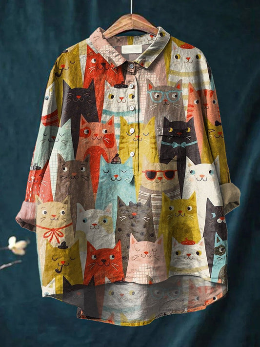 Vintage Lovely Cats Art Print Casual Cotton And Linen Shirt