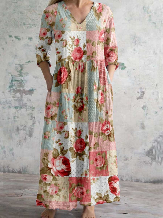 Women's V-Neck Vintage Rose Floral Pattern Cotton and Linen Dress with