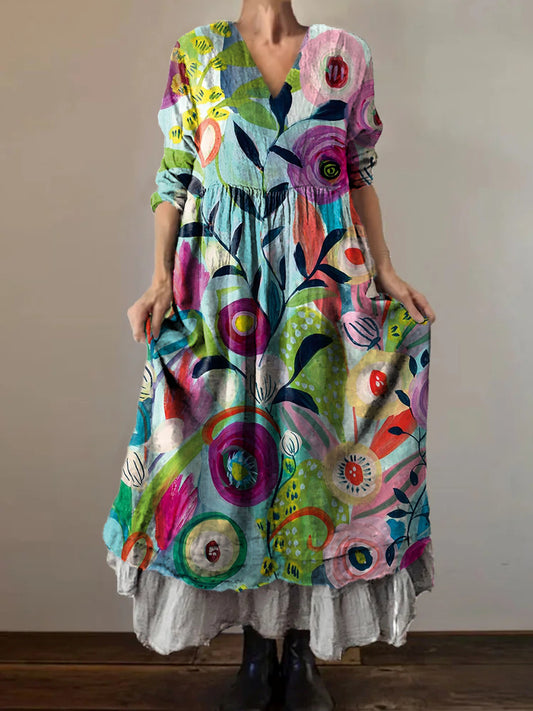 Women's Floral Art Print V-Neck Pocket Cotton Dress