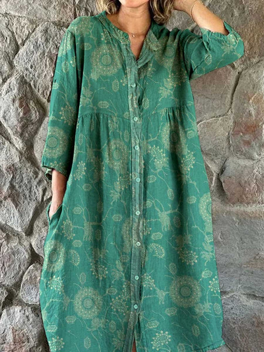 Women's Elegant Simple Shirt Style Cotton and Linen Dress with Decorat