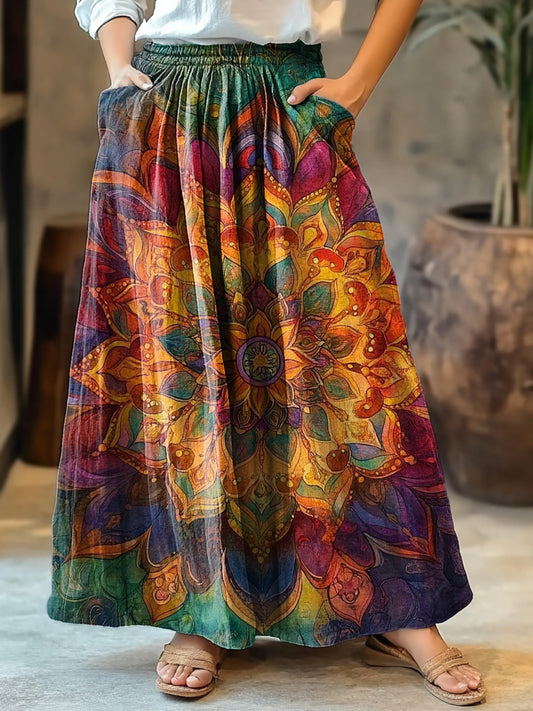 Women's Colorful Mandala Floral Art Pattern Print Cotton Pocket Skirt