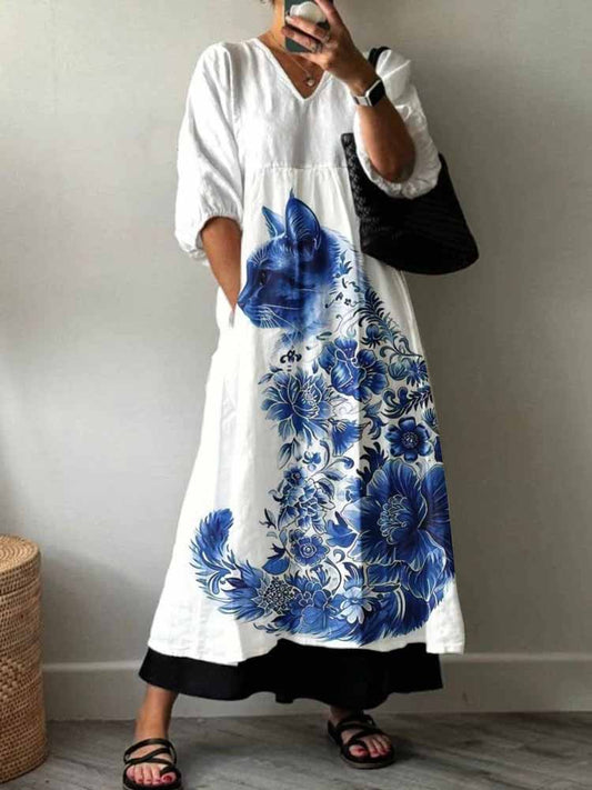 Women'S Rose Cat Pattern Cotton Dress