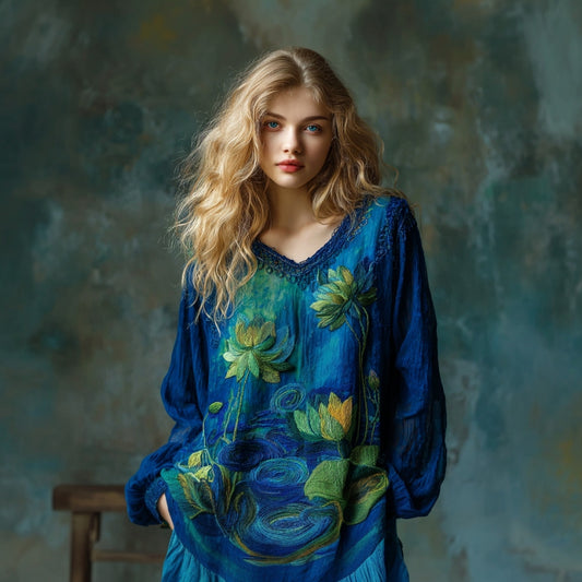 Women's Vintage Lotus Floral Landscape Art Embroidery V-neck T-shirt