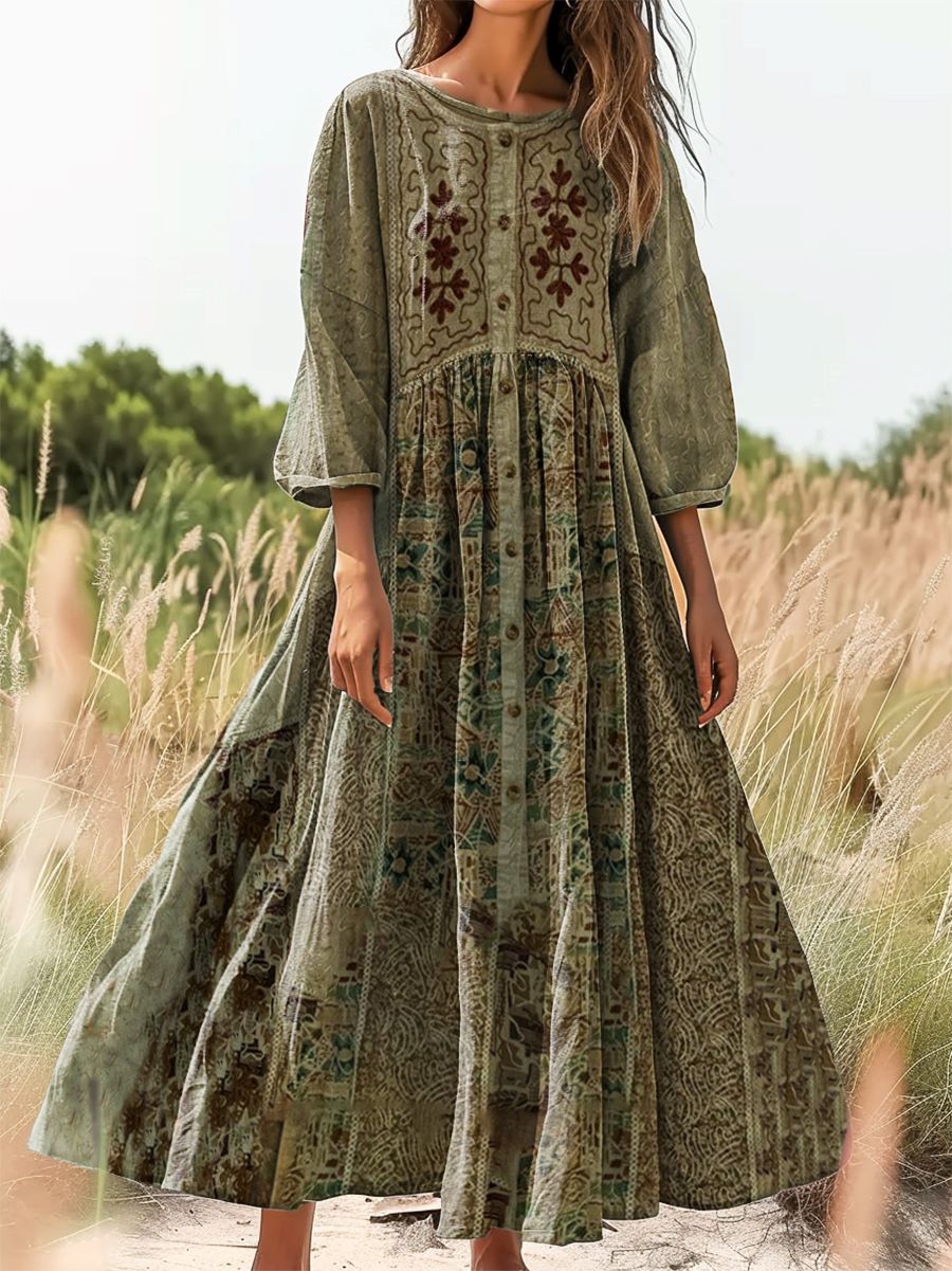 Women's Vintage Pattern Art Print Cotton Crew Neck Dresses