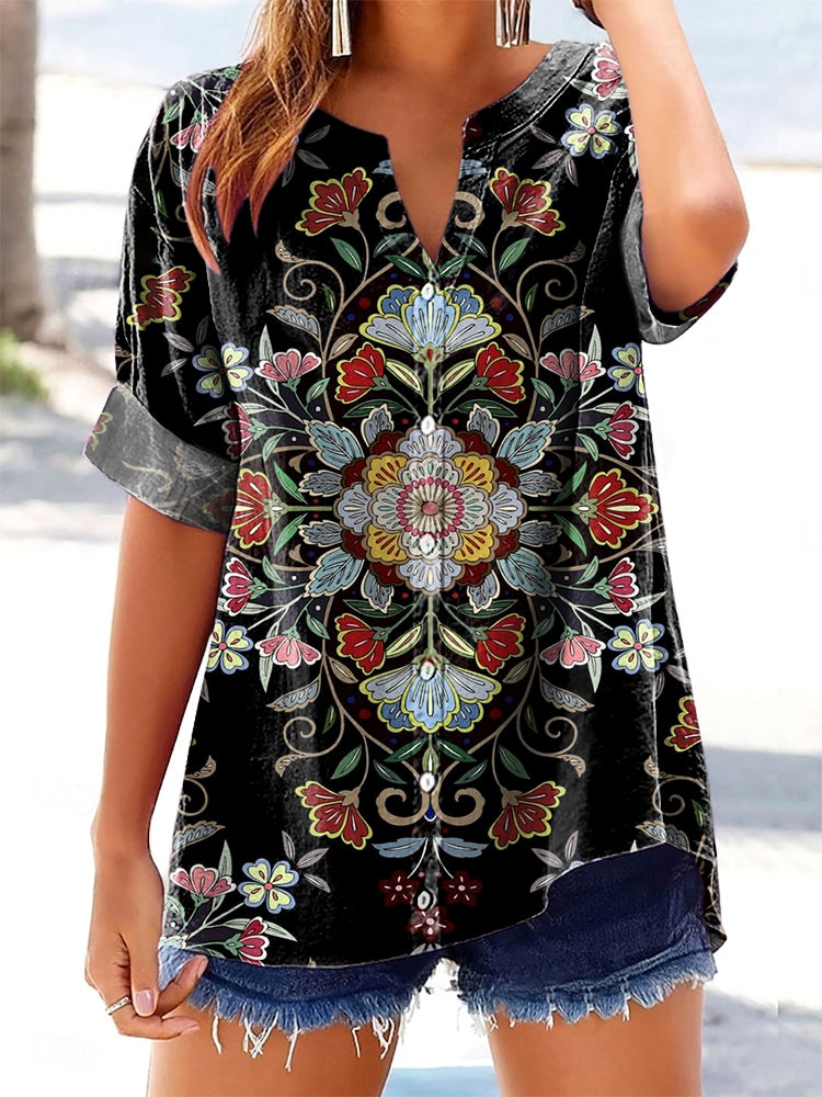 Women's Retro Ethnic Floral Totem Print Short Sleeve V-Neck Cotton and