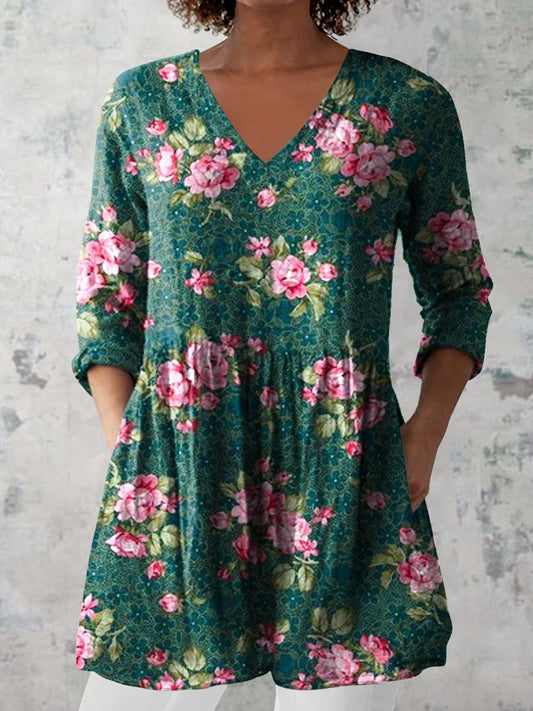 Women's Retro Floral Art Print Casual Cotton And Linen V-neck Top