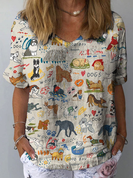 Women's Cute Dog Art Print Casual Cotton And Linen Shirt