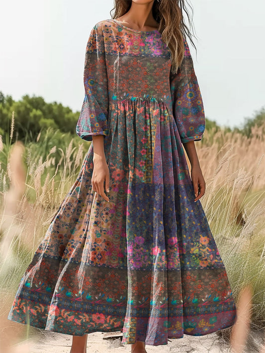 Women's Bohemian Vintage Ethnic Patchwork Art Print Round Neck Pocket