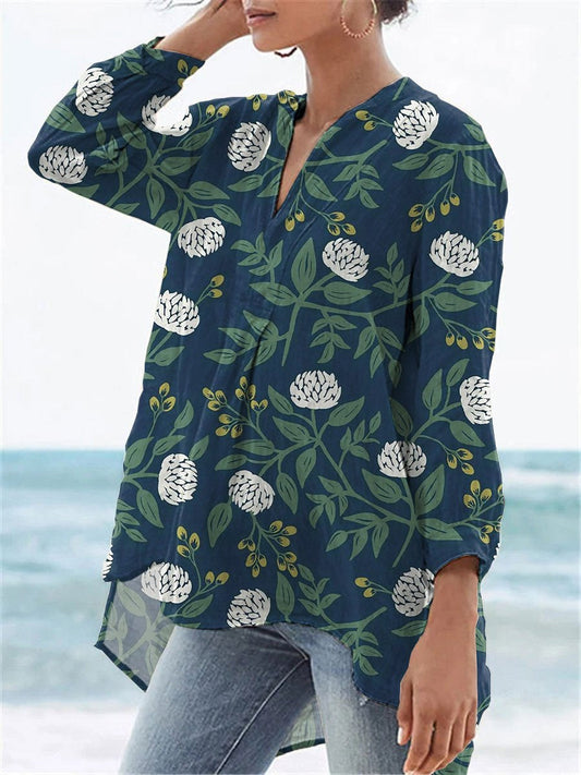 Tranquil White Floral Bush Pattern Printed Women's Casual Linen V-neck Shirt