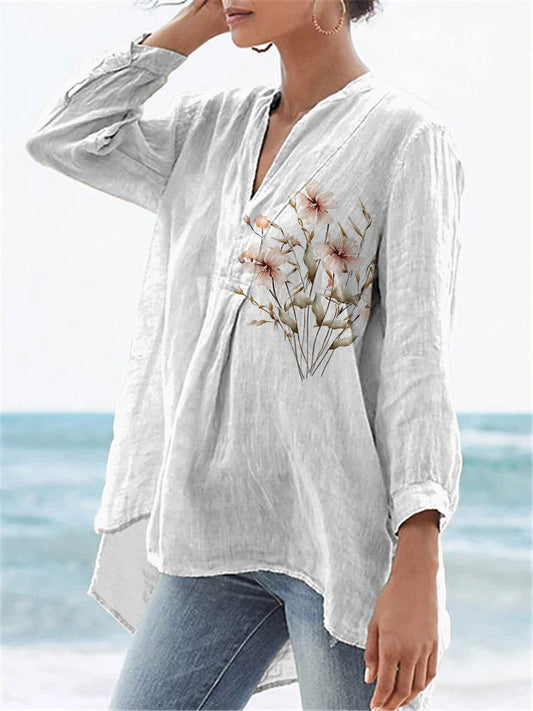 Watercolor Floral Bush Printed Women's Casual Linen V-neck Shirt