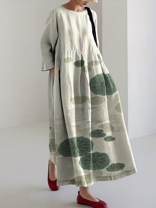 Lotus Leaf Art Print Loose Midi Dress
