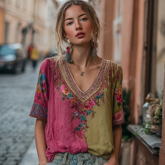 Women's Vintage Bohemian Floral Embroidery Art V-neck Linen Blend T-shirt