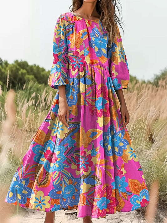 Women's Colorful Floral Art Print Round Neck Pocket Cotton Dress