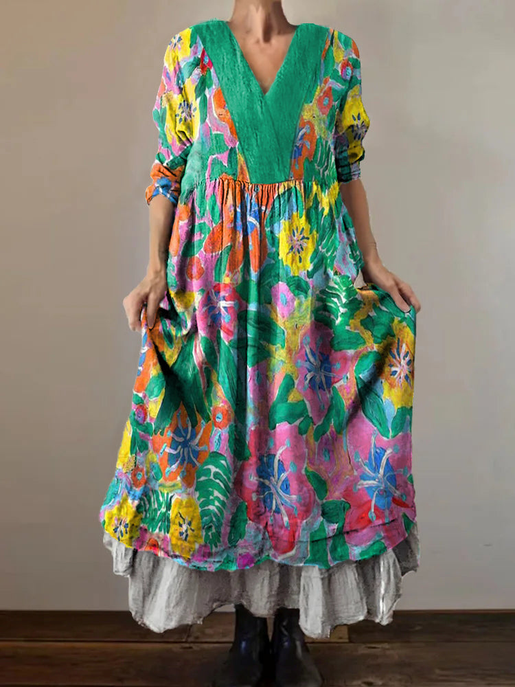 Women's Watercolor Floral Art Pattern Print V-Neck Pocket Cotton Dress