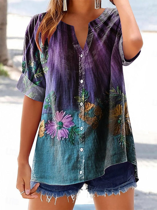 Women's Floral Colorblocking Pattern Art Print Cotton Linen Short Slee
