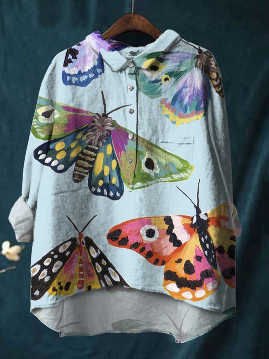 Colorful Watercolor Butterfly Print Cotton And Linen Shirt
