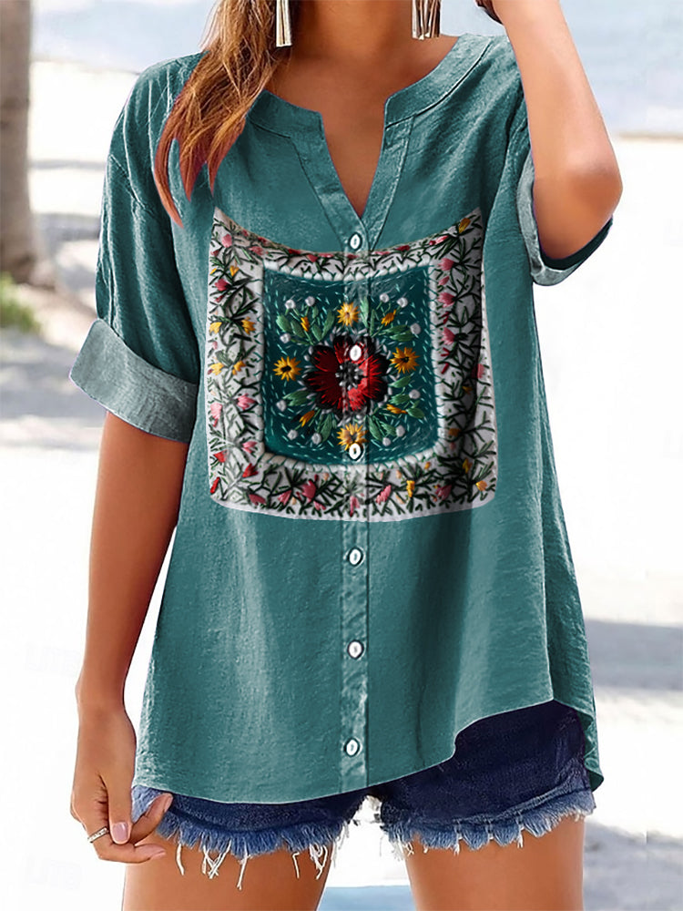 Women's Vintage Ethnic Floral Art Printed Casual Short Sleeve Cotton a