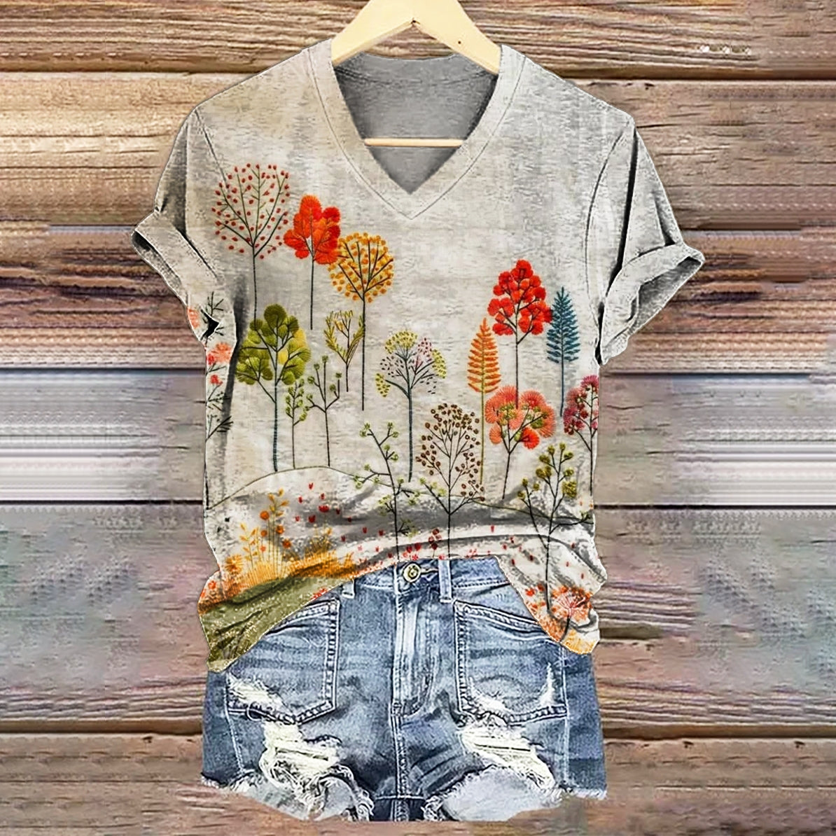 Women's Vintage Ethnic Botanical Art Pattern Print V-neck Casual T-Shi
