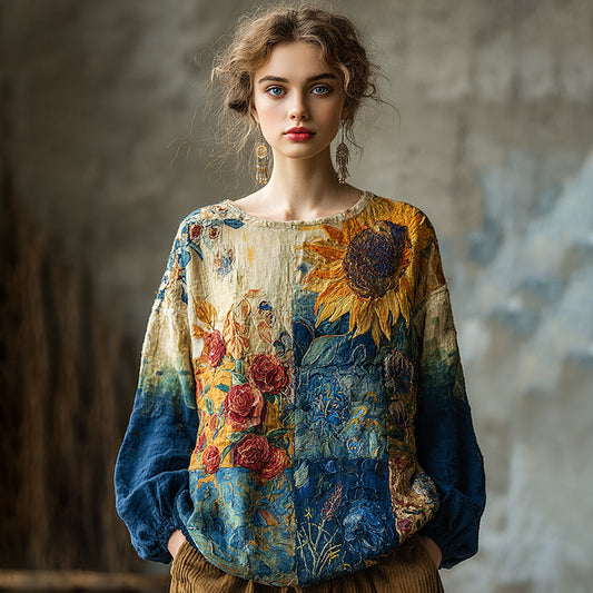 Women's Vintage Oil Painting Flower Art Round Neck Loose T-shirt