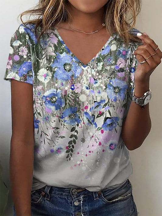 Ladies Oil Painting Floral Print Short Sleeve Knit T-Shirt