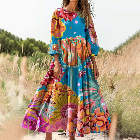 Women's Floral Art Print Cotton Crew Neck Dress