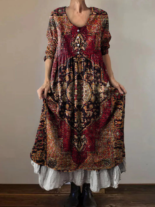 Women's Ethnic Tattoo Art Print V-Neck Button Pocket Cotton Dress