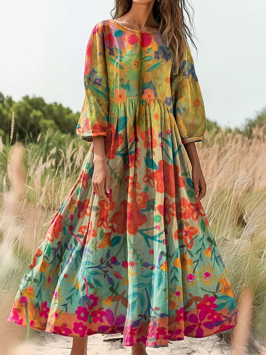 Women's Watercolor Floral Art Print Flowy Cotton Crew Neck Dress