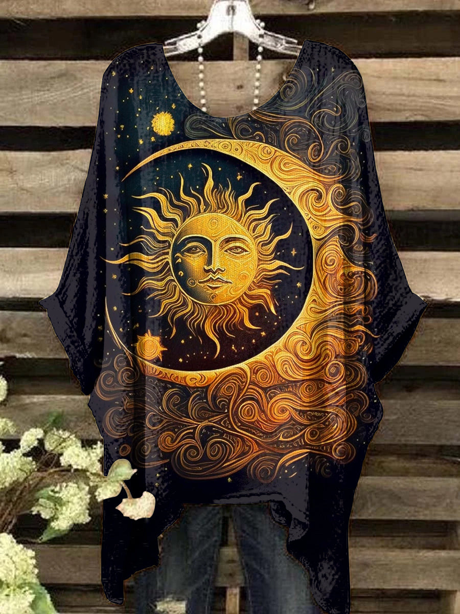 Women's Vintage Abstract Star And Moon Art Print Crew Neck Top