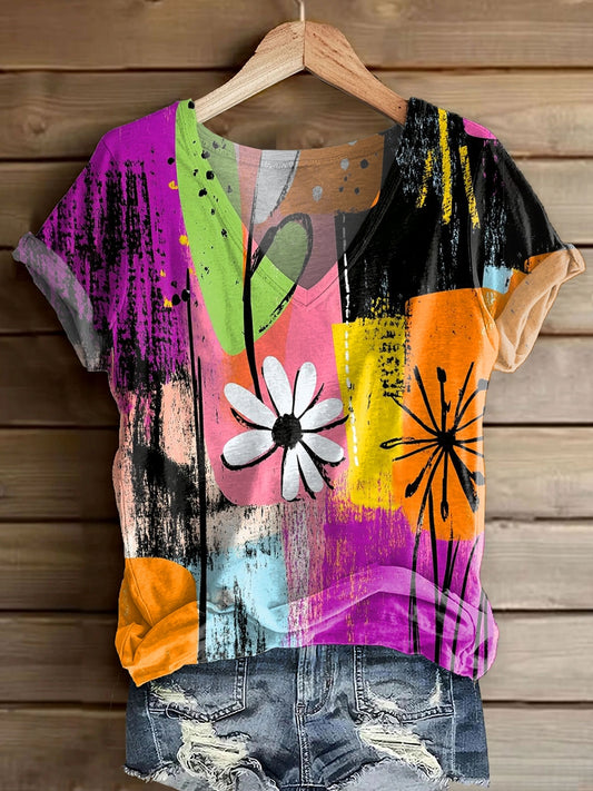 Women's Colorful Abstract Graffiti Art Print V-Neck Short Sleeve Cotto